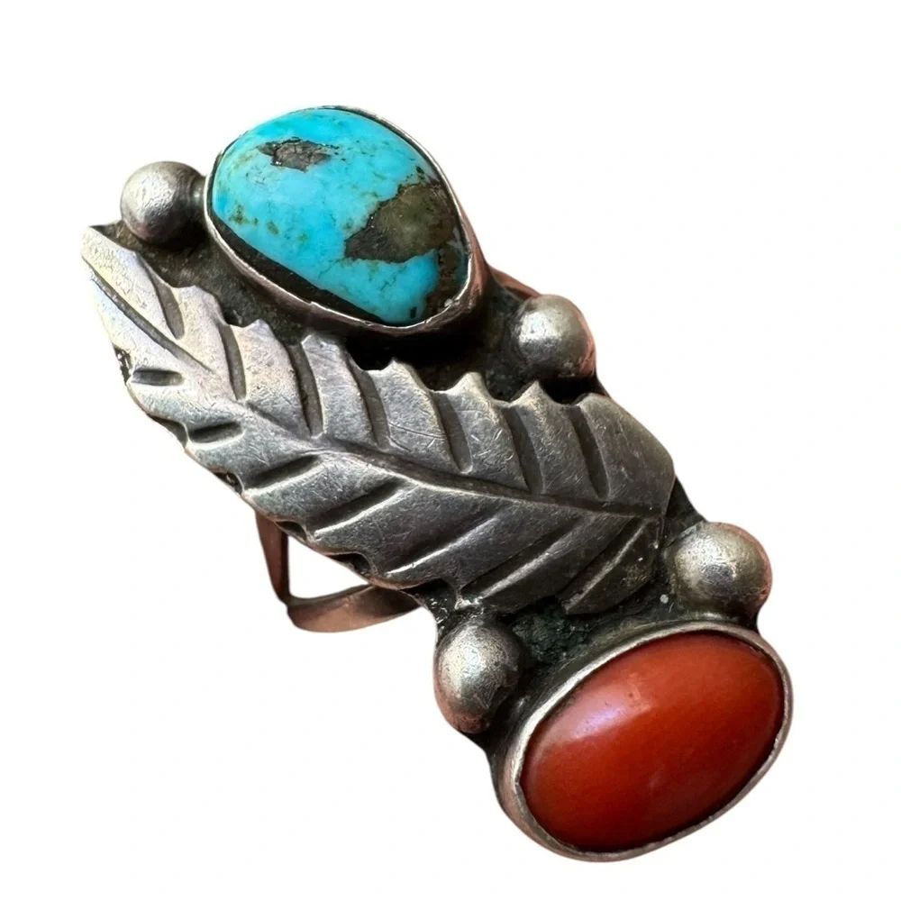 Vintage Turquoise & Coral Sterling Silver Ring - Size 5.5